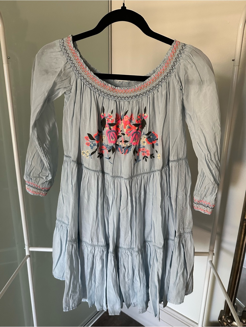 FREE PEOPLE Sunbeams Embroidery Off Shoulder Mini Dress in Blue XS